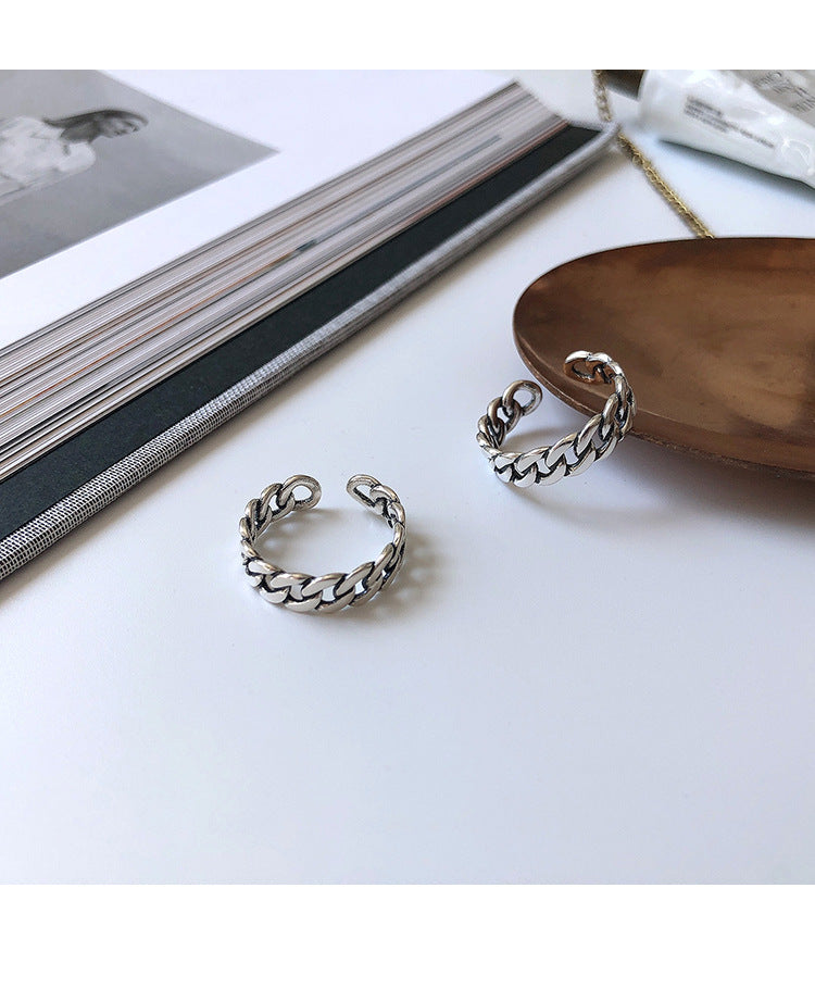 “S925 sterling silver plating” minimalist glossy open ring female ins wind retro twist lock chain index finger ring middle finger ring finger Netflix same models explosion jewelry