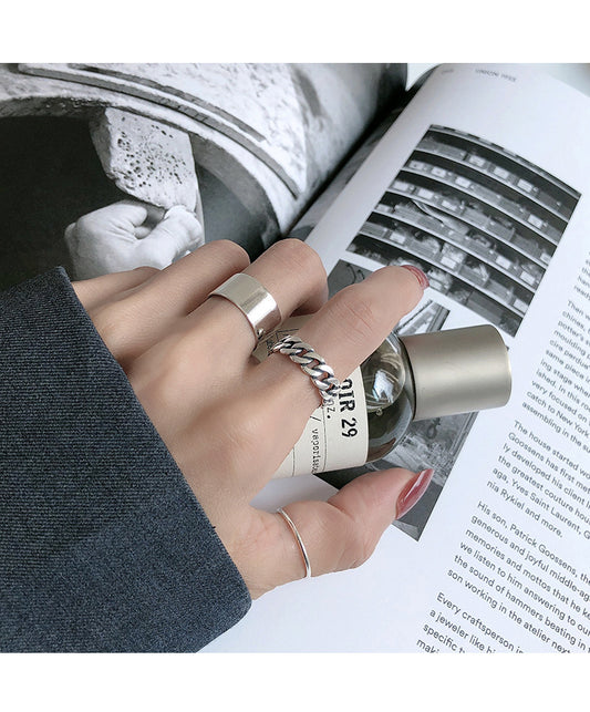 “S925 sterling silver plating” minimalist glossy open ring female ins wind retro twist lock chain index finger ring middle finger ring finger Netflix same models explosion jewelry