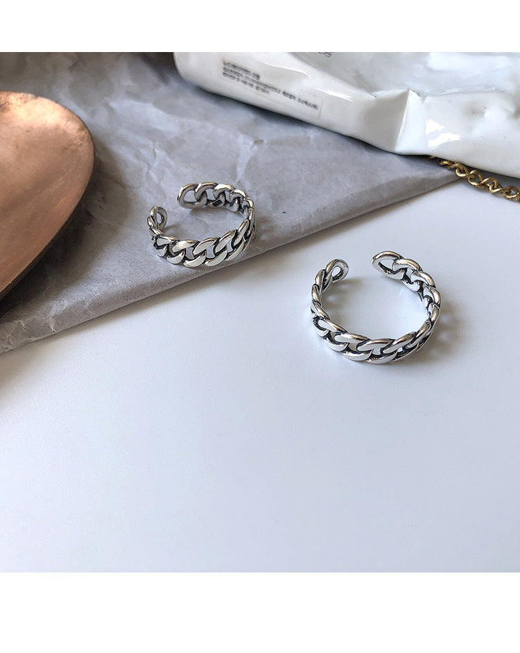 “S925 sterling silver plating” minimalist glossy open ring female ins wind retro twist lock chain index finger ring middle finger ring finger Netflix same models explosion jewelry