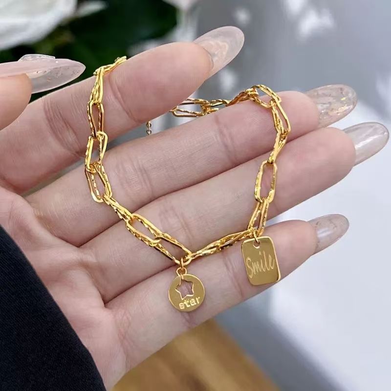 Star Wish Bracelet, INS Blast Design, Square Smile Plaque, Two Layer Star Skeleton Chain, 18K Gold Banded, Lucky Pack Item, Suitable as Girl's Anniversary Gift