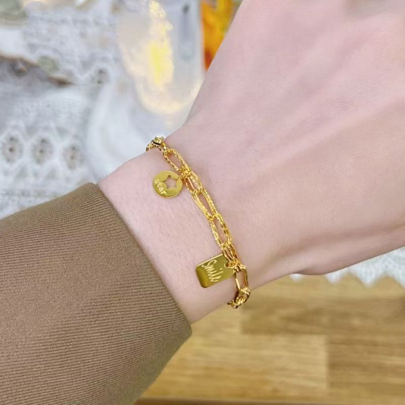 Star Wish Bracelet, INS Blast Design, Square Smile Plaque, Two Layer Star Skeleton Chain, 18K Gold Banded, Lucky Pack Item, Suitable as Girl's Anniversary Gift