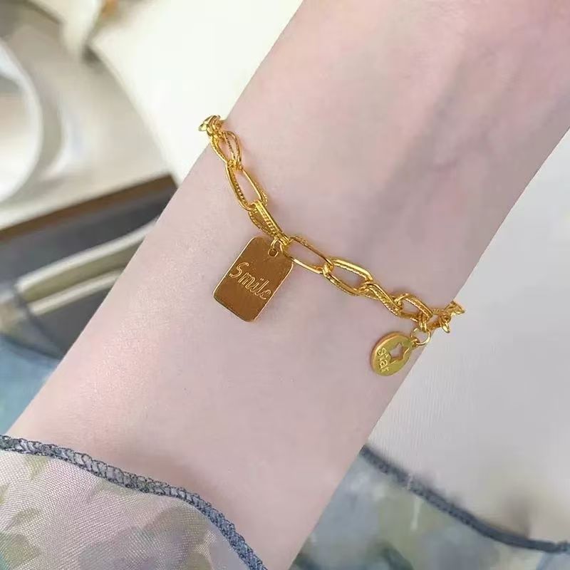 Star Wish Bracelet, INS Blast Design, Square Smile Plaque, Two Layer Star Skeleton Chain, 18K Gold Banded, Lucky Pack Item, Suitable as Girl's Anniversary Gift