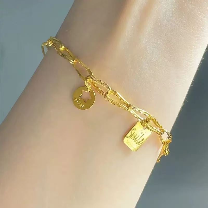 Star Wish Bracelet, INS Blast Design, Square Smile Plaque, Two Layer Star Skeleton Chain, 18K Gold Banded, Lucky Pack Item, Suitable as Girl's Anniversary Gift