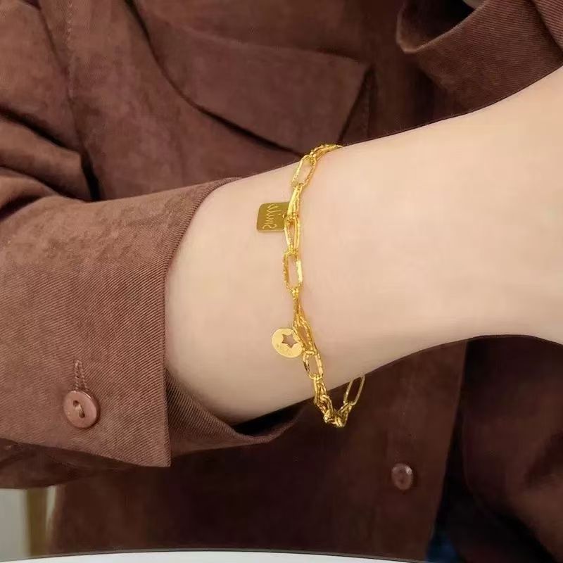 Star Wish Bracelet, INS Blast Design, Square Smile Plaque, Two Layer Star Skeleton Chain, 18K Gold Banded, Lucky Pack Item, Suitable as Girl's Anniversary Gift