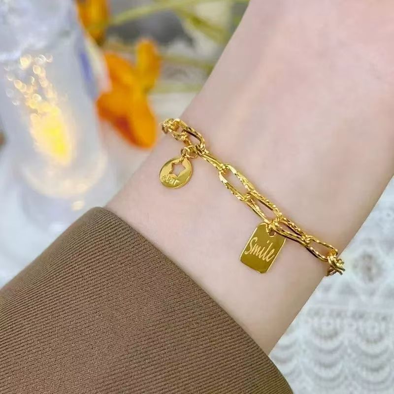 Star Wish Bracelet, INS Blast Design, Square Smile Plaque, Two Layer Star Skeleton Chain, 18K Gold Banded, Lucky Pack Item, Suitable as Girl's Anniversary Gift