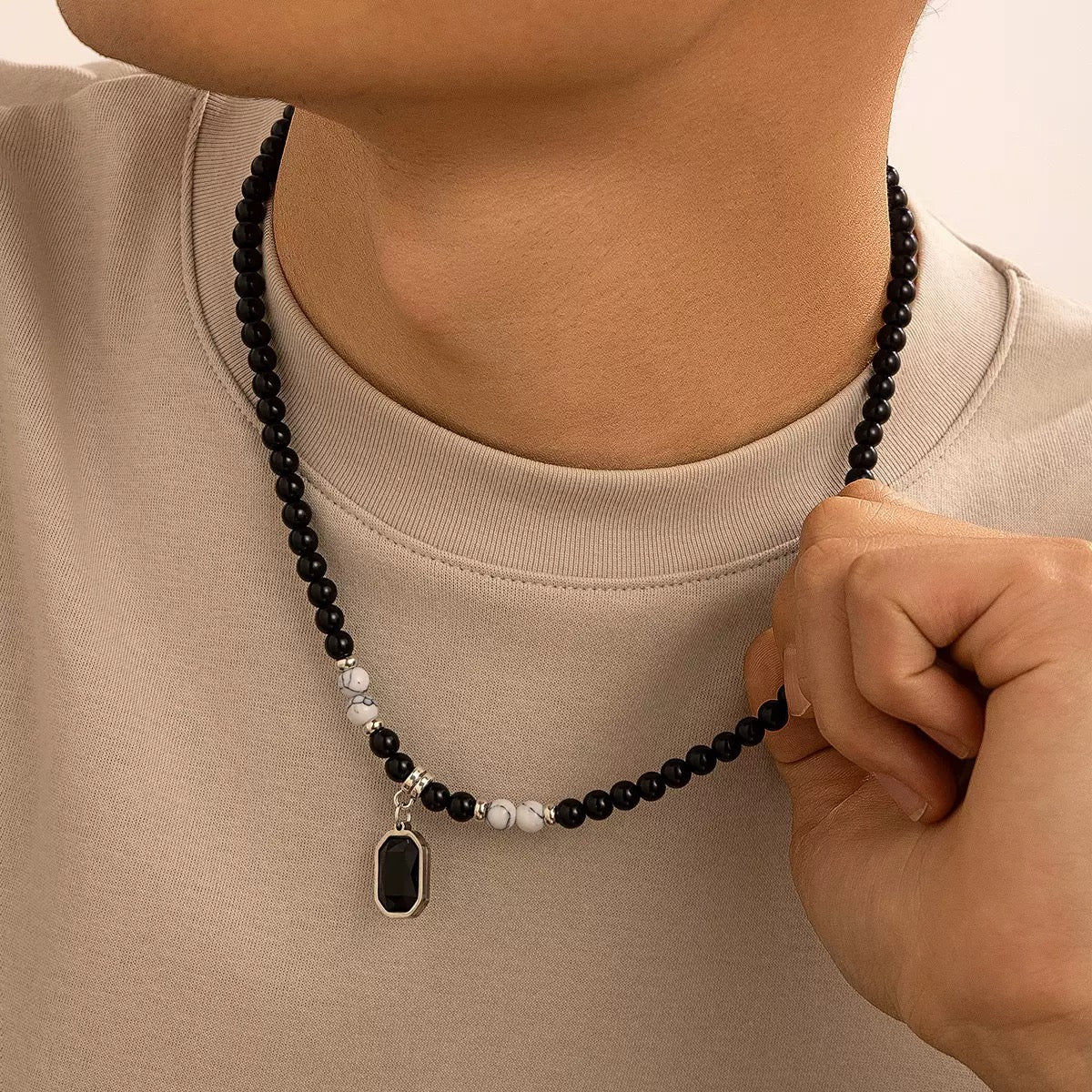 [LIVE DEAL] Y2K Cyberpunk Titanium Necklace ➜ Silver-Plated Geometric Beaded Chain | Hypoallergenic Men's Jewelry for Streetwear