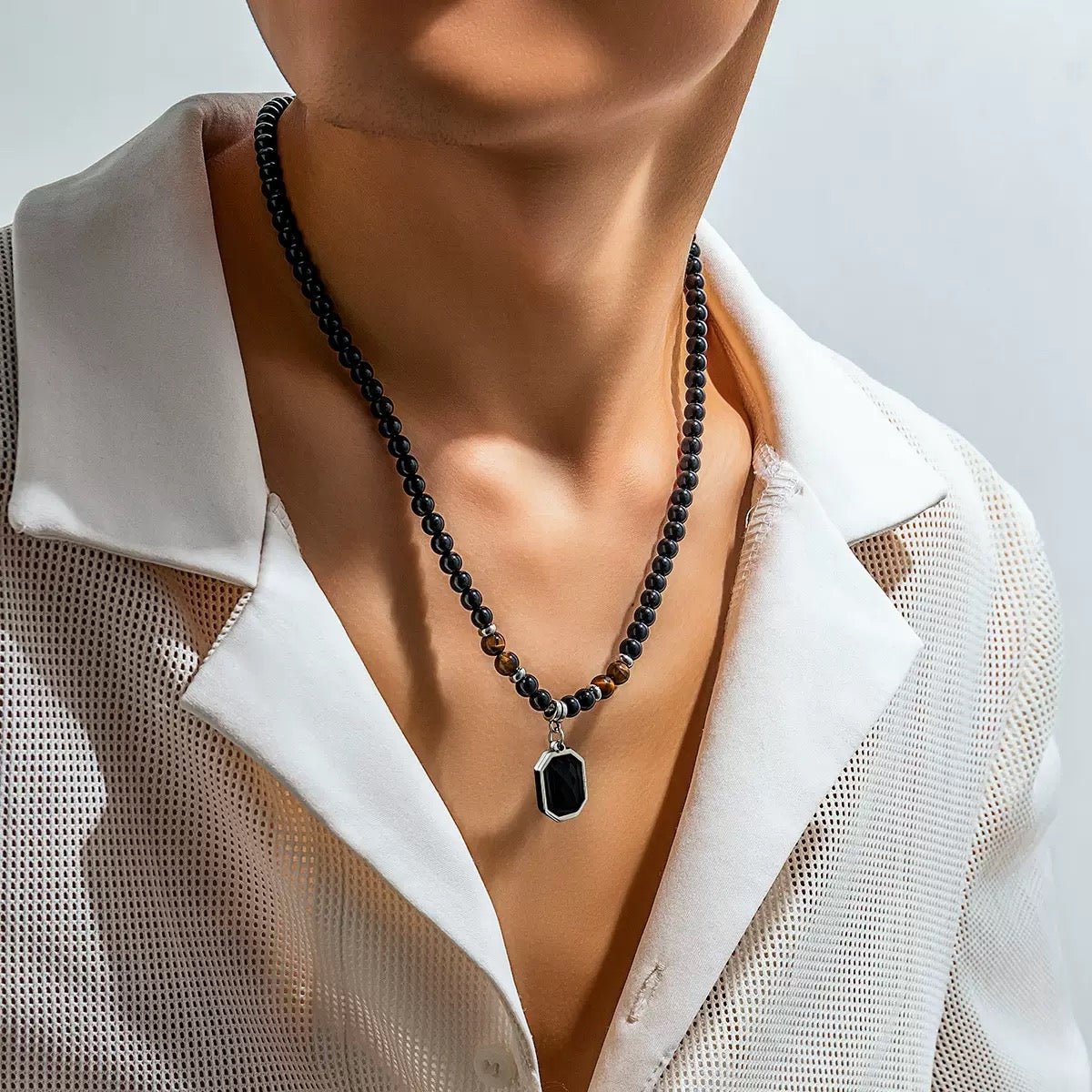 [LIVE DEAL] Y2K Cyberpunk Titanium Necklace ➜ Silver-Plated Geometric Beaded Chain | Hypoallergenic Men's Jewelry for Streetwear