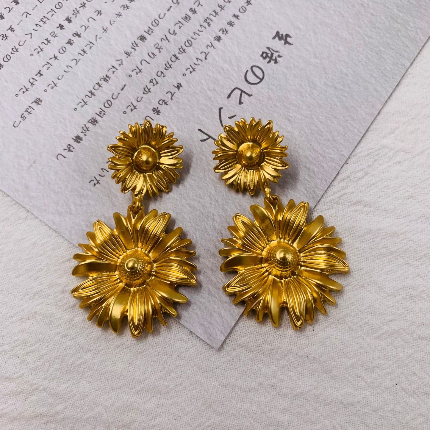 Victorian Sunflower Dangle Earrings - 18K Gold Plated Botanical Antique Drops with Hypoallergenic Silver Posts | Vintage Floral Jewelry Inspired by 19th Century Herbariums