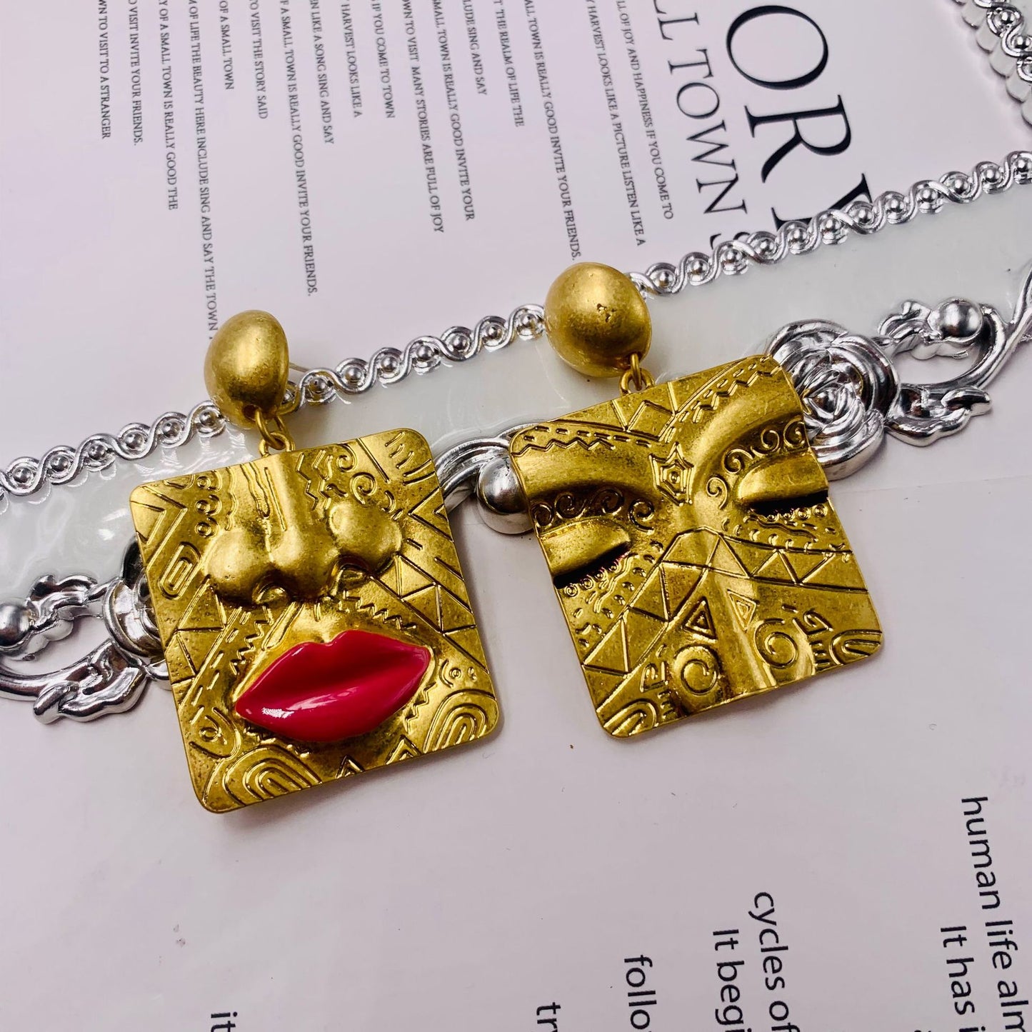 Neoclassical Cameo Portrait Earrings - 18K Gold Plated Alloy with Red Enamel Lips | Vintage Artifact Jewelry for Mythology Lovers