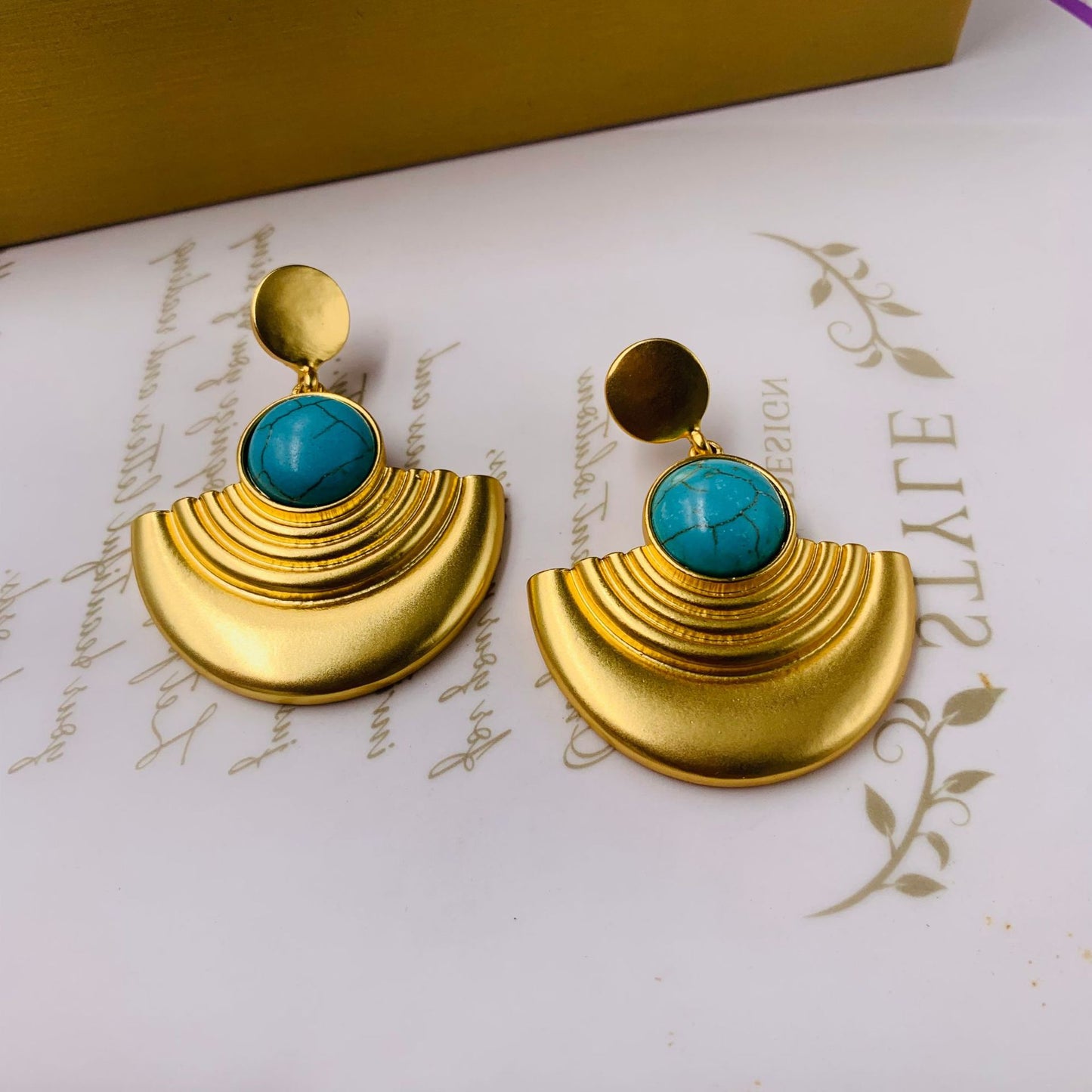 Victorian Gemstone Earrings - Onyx & Turquoise Cabochon Drops | 18K Gold Plated Vintage Jewelry with 925 Silver Posts