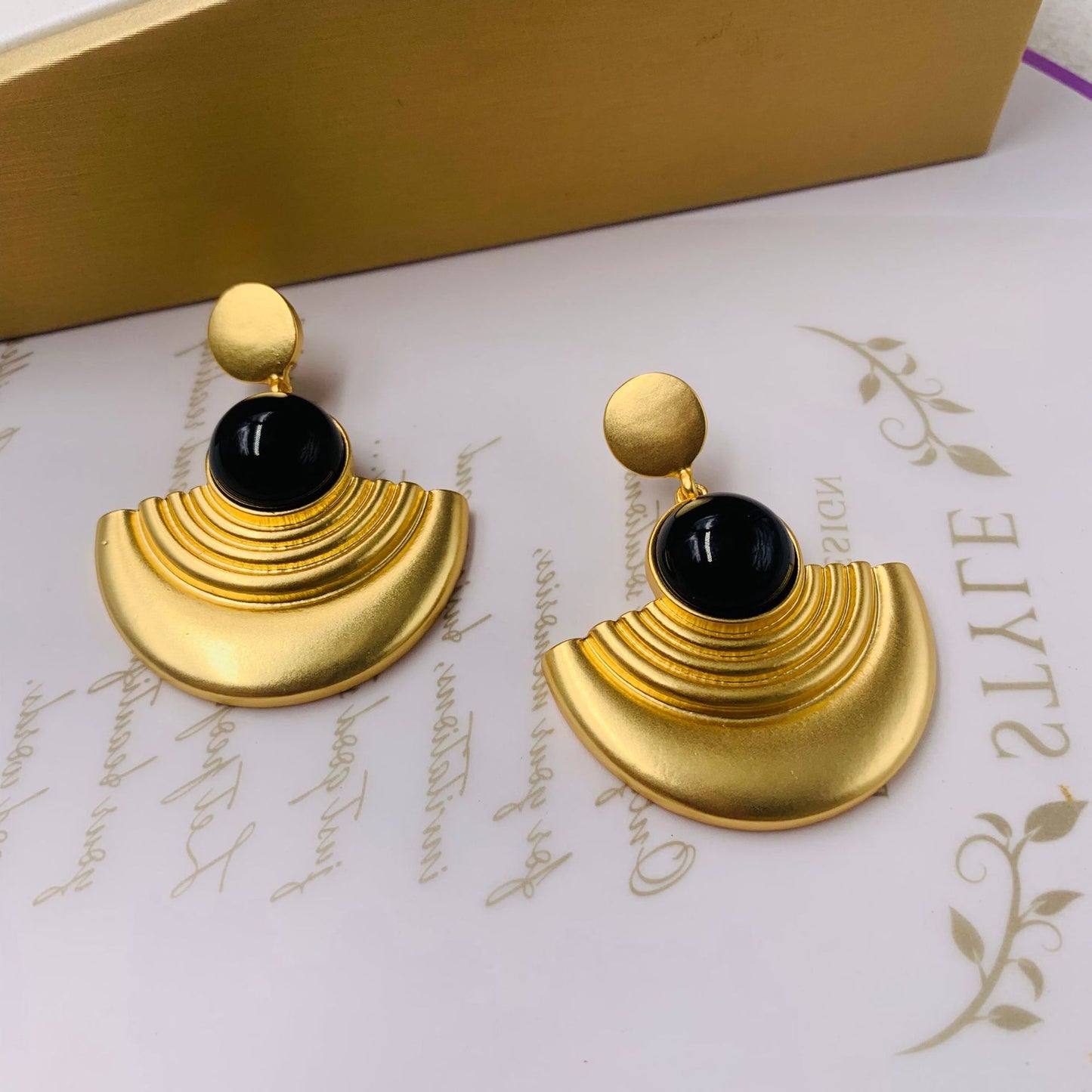 Victorian Gemstone Earrings - Onyx & Turquoise Cabochon Drops | 18K Gold Plated Vintage Jewelry with 925 Silver Posts