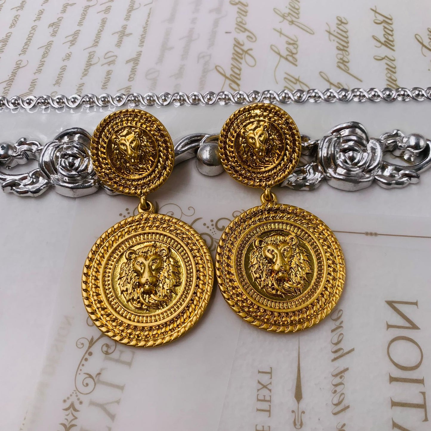 Baroque Lion King Stud Earrings Vintage Antique Revival 925 Silver Plated Gold Earrings for Women, Party Statement Jewelry