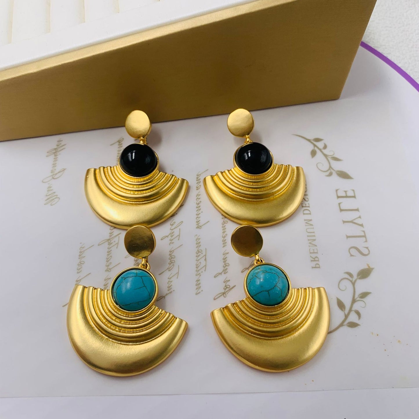 Victorian Gemstone Earrings - Onyx & Turquoise Cabochon Drops | 18K Gold Plated Vintage Jewelry with 925 Silver Posts