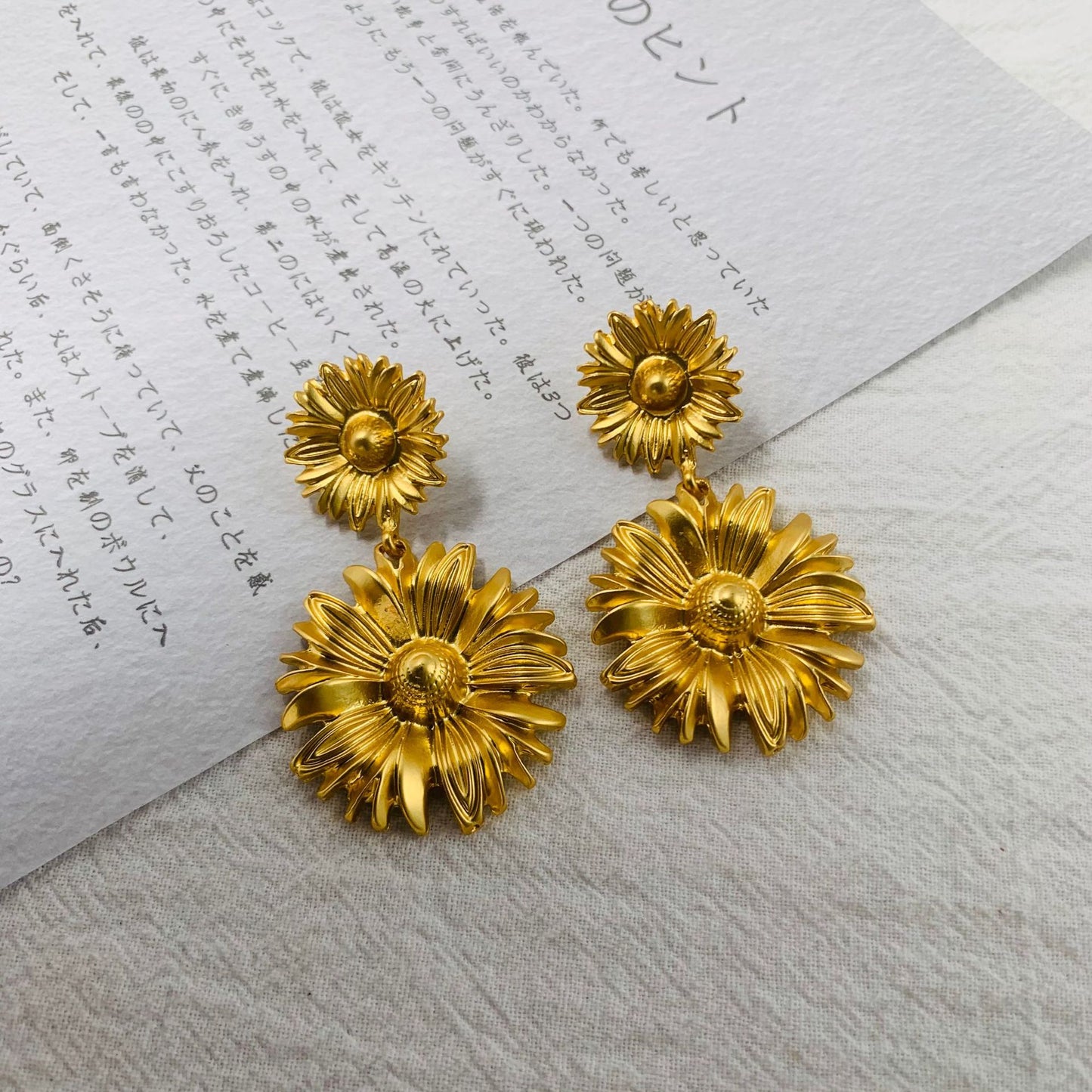 Victorian Sunflower Dangle Earrings - 18K Gold Plated Botanical Antique Drops with Hypoallergenic Silver Posts | Vintage Floral Jewelry Inspired by 19th Century Herbariums